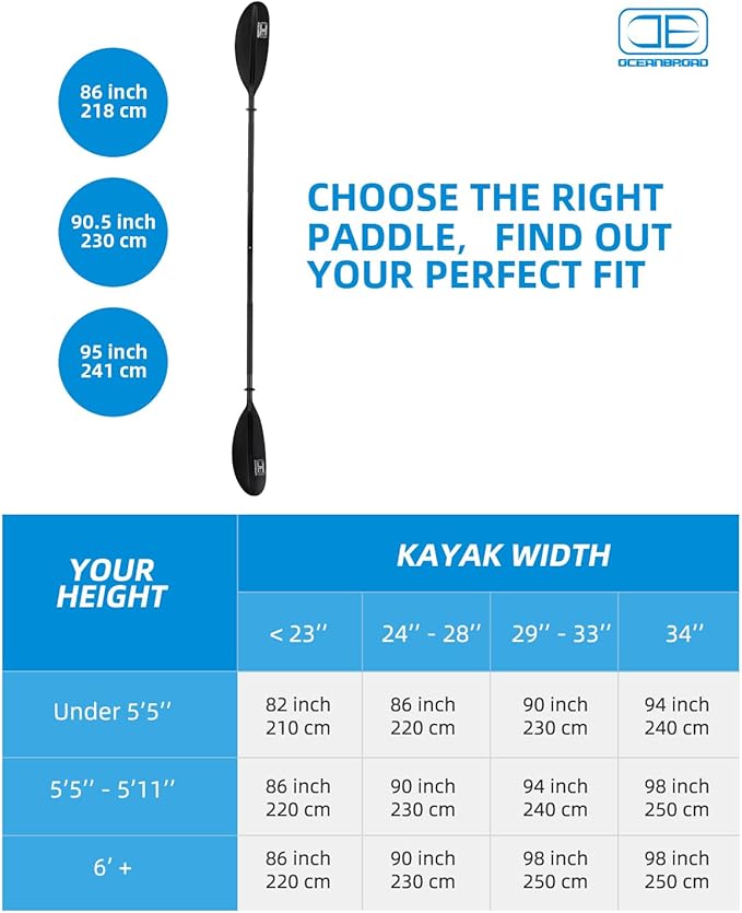 OCEANBROAD Kayak Paddle 86in/218cm, 90.5in/230cm, 95in/241cm Alloy Shaft Kayaking Boating Canoeing Oar with Paddle Leash