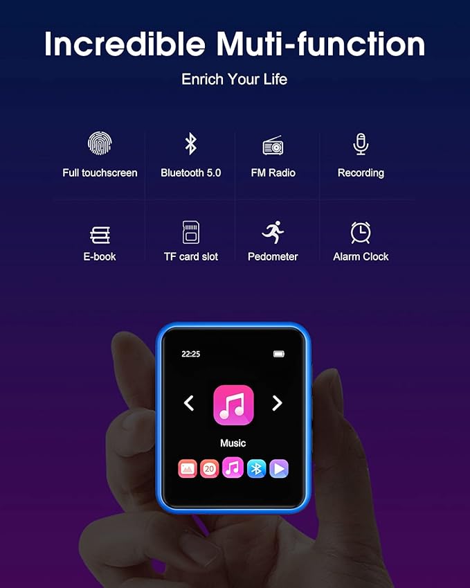 MP3 Player with Bluetooth 5.0 Portable HiFi Lossless Sound MP3 Music Player and FM Radio Recorder E-Book 2.4 inch Screen Maximum Support 128GB（Blue）