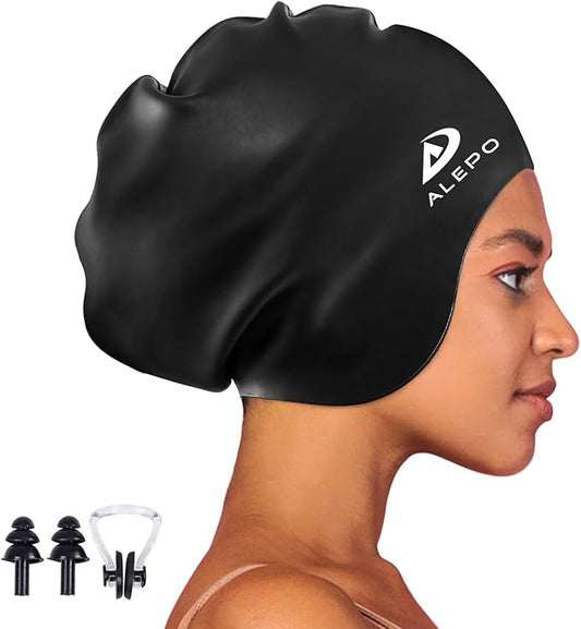 Alepo Extra Large Swim Cap for Women Men, Durable Silicone Swimming Hat with Ear Protection, Unisex Adults Bath Swimming Caps for Long Thick Curly Hair & Dreadlocks Braids Weaves Afro Hair