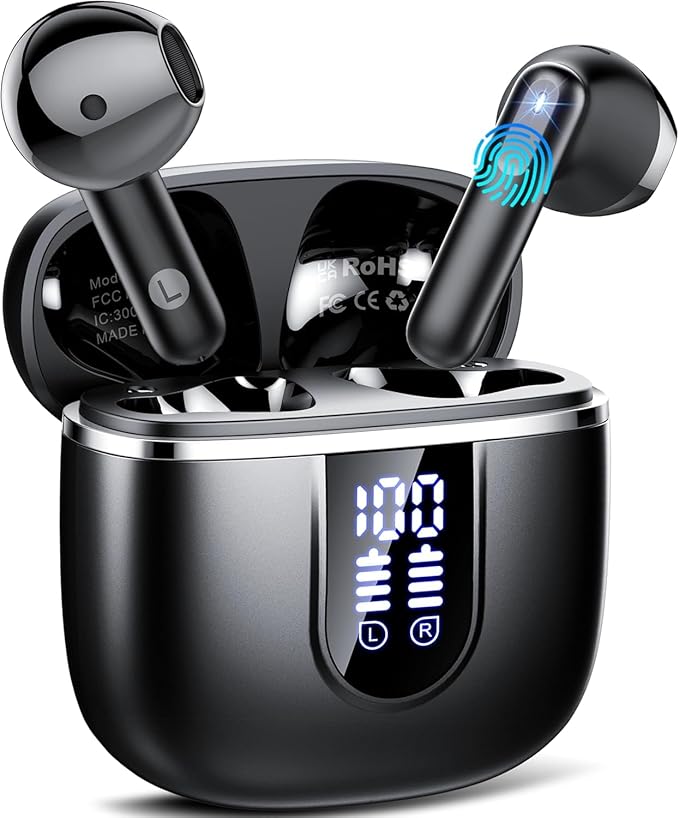 Wireless Earbuds, 2025 Bluetooth 5.4 Headphones with 3D Bass Stereo, 40H Ultralight in-Ear Buds, Bluetooth Earbuds with 4 ENC Noise Cancelling Mic, USB-C LED, IP7 Waterproof Earphones for Android iOS