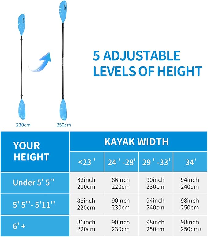 Adjustable Kayak Paddle Boat Oar: Kayak Canoe Paddles 90-98 inch/230-250cm - Aluminum Floating Kayaking Fishing Oars with Paddle Leash for Adults Youth