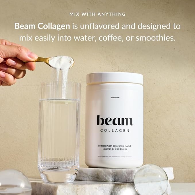 Beam Collagen Powder, Collagen for Women, Collagen with Hyaluronic Acid, Collagen Peptides Type 1 and 3, with Biotin, Grass Fed Bovine, Third-Party Tested, Best for Coffee, Vitamin C, 5 Servings