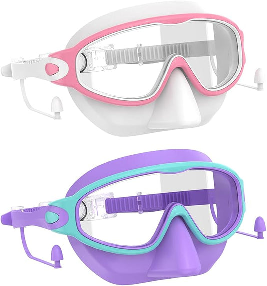 Swim Goggles for Kids 3-15 with Earplugs Large Frame Anti-Fog/UV Swimming Goggles for Boys Girls Toddler 2PCS