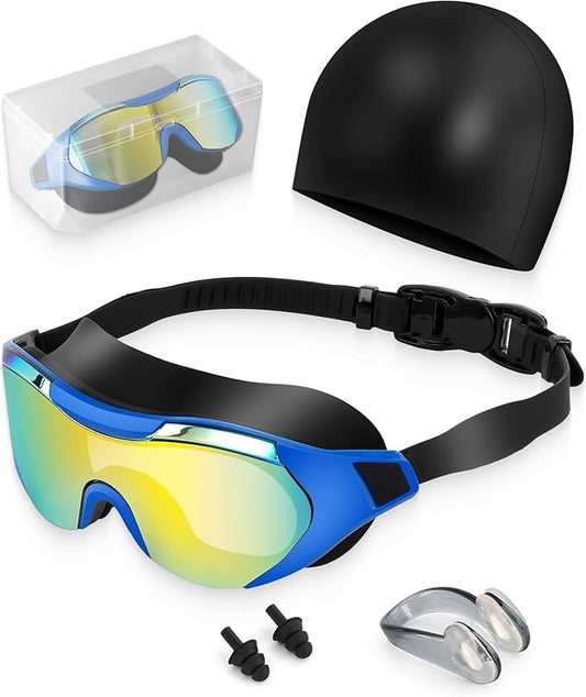 Swim Goggles with Nose Clip, Ear Plugs & Swim Cap, Anti-Fog UV Protection Lens, Leakproof Adjustable Strap for Adult