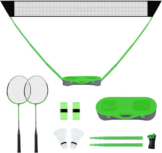 FBSPORT Badminton Set, Badminton Sets for Backyards, Portable Badminton Net Set with 2 Badminton Rackets 2 Shuttlecocks,10x5ft Net, Storage Base, Easy Setup for Backyard Combo Complete Badminton Set