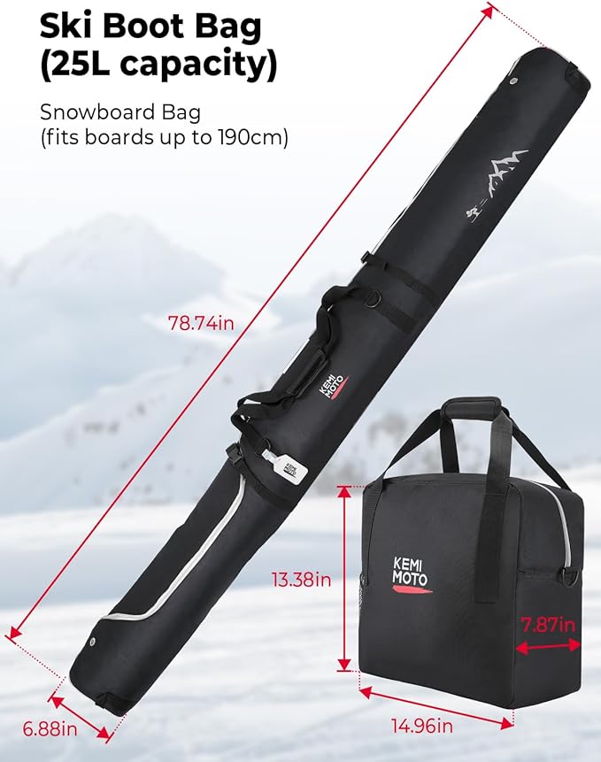 KEMIMOTO Ski Bag and Boot Bag Combo, Snowboard Bag Padded Ski Bags for Air Travel, Snow Ski Bags Fit Skis Up to 200cm, Ski Double Bag Combo