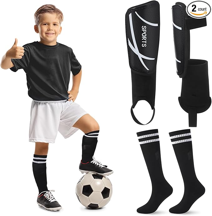 Soccer Shin Guards and Socks Kids Youth Lightweight Soccer Pads Defender with Ankle Protection Ski Shin Guards Football Equipment for Age 4-14 Toddler Boys Girls Teens
