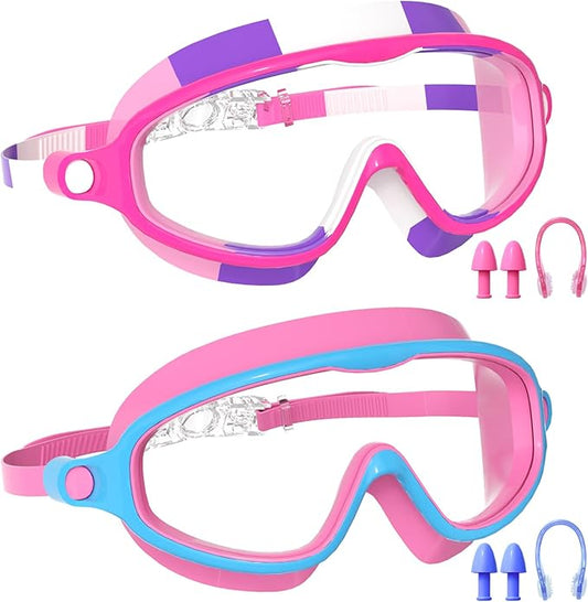 Swim Goggles for Kids 3-15 with Earplugs Large Frame Anti-Fog/UV Swimming Goggles for Boys Girls Toddler 2PCS