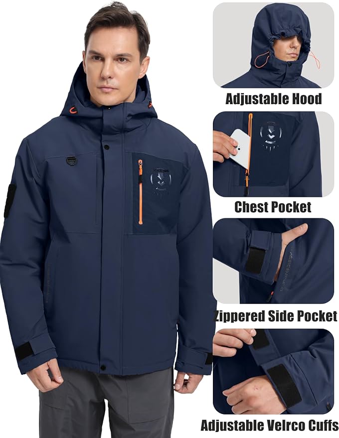 Men's Winter Jacket Waterproof Ski Snow Coat Windproof Snowboard Hooded Raincoats with Warm Graphene lining