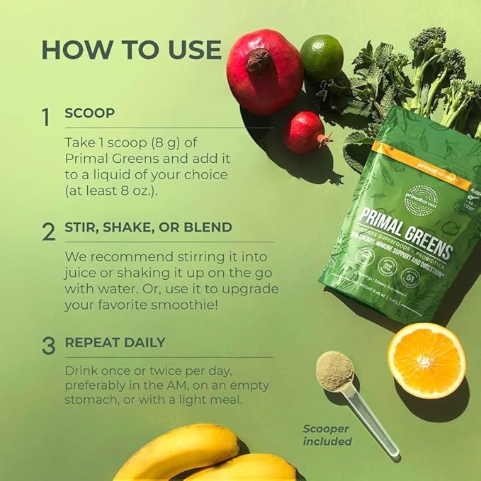 Primal Harvest Primal Greens Powder, 30 Servings Once Daily Supergeens Nutritional Supplement with Spirulina, Mushroom Blend & Probiotics to Support Energy, Wellness, & Digestion
