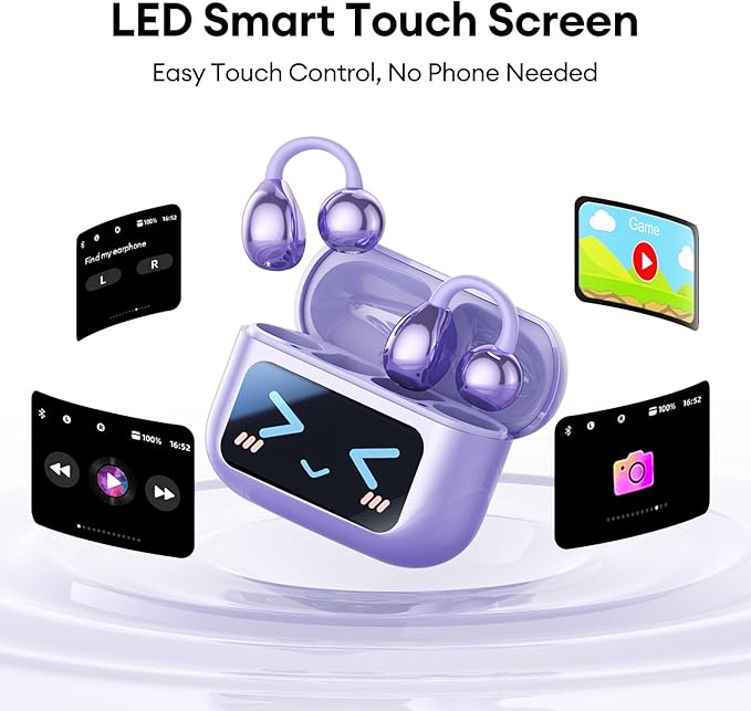 Stylish Open Ear Clip On Earbuds with Removable Butterfly Earring, Clip On Headphones with LCD Touch Screen, Fashionables Open Ear Headphones for Women, Butterfly Earring Purple Earbuds