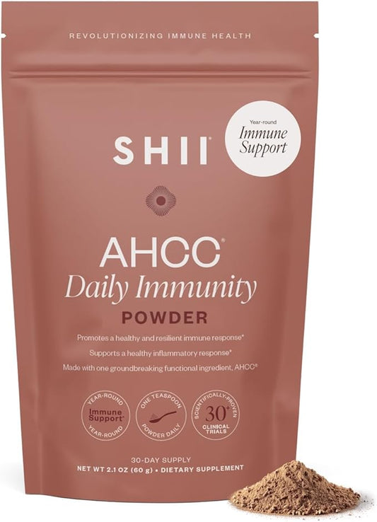 SHII AHCC Daily Immunity Powder, 2.1 Oz - Vegan, Gluten-Free Immune Support Supplement with AHCC, Easy-to-Mix Shiitake Mushroom Powder for Quick Absorption, Promotes Immune Response & Cellular Health