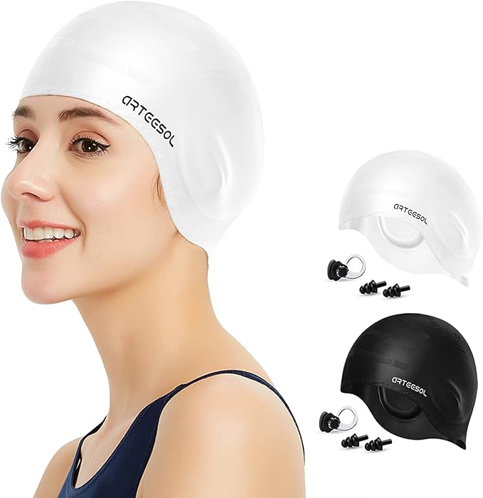 Swimming Cap, Silicone Swim Cap for Women Men, Durable Non-Slip Waterproof Swim Cap Protect Ears, Long Hair for Adults, Older Kids