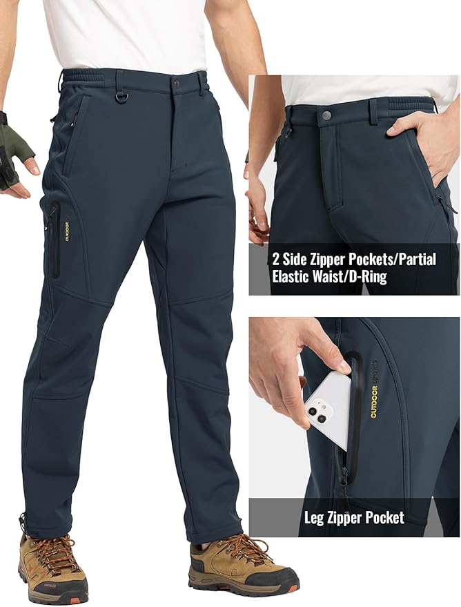Rdruko Men's Snow Pants Waterproof Insulated Winter Hiking Pants Snowboard Fleece Lined Softshell Ski Pants