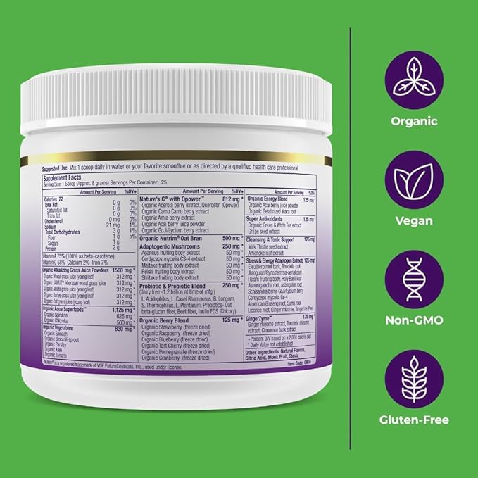 Paradise Herbs ORAC Energy Greens, Berry Superfood Powder, Over 40,000 ORAC Antioxidants, Organic Greens, Berries, Mushrooms & Probiotics, Non-GMO, Gluten-Free, 25 Servings