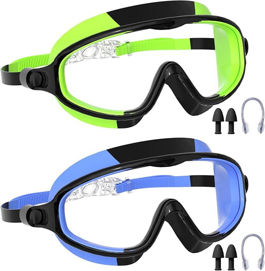 Swim Goggles for Kids 3-15 with Earplugs Large Frame Anti-Fog/UV Swimming Goggles for Boys Girls Toddler 2PCS