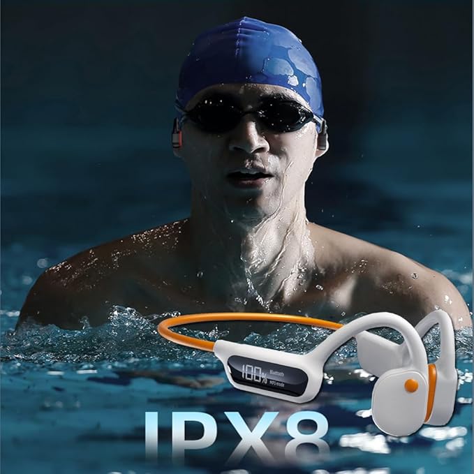 IHAO Swimming Headphones True Bone Conduction Open Ear Headset MP3 Player Built-in 32G Memory IP68 Underwater Waterproof Stereo Bluetooth Earphone for Driving Bicycling Running Skiing-X10 White