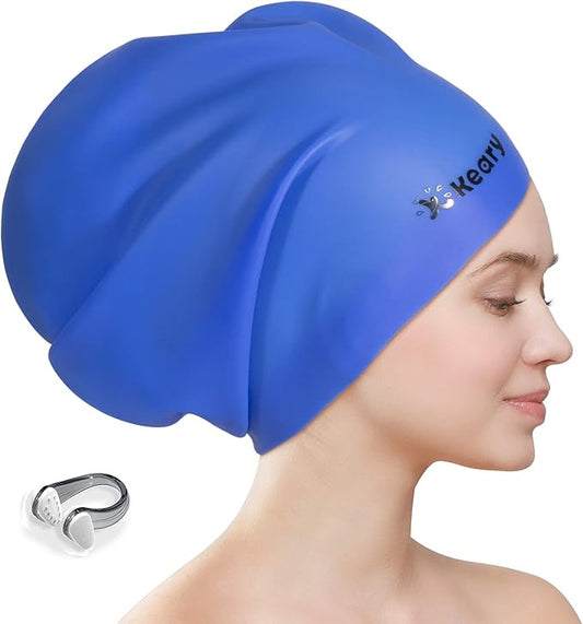 Keary Extra Large Swim Cap for Braids and Dreadlocks Extensions Weaves Long Hair, Waterproof Silicone Cover Ear Bath Pool Shower Swimming Cap for Adult Youth to Keep Hair Dry, Easy to Put On and Off
