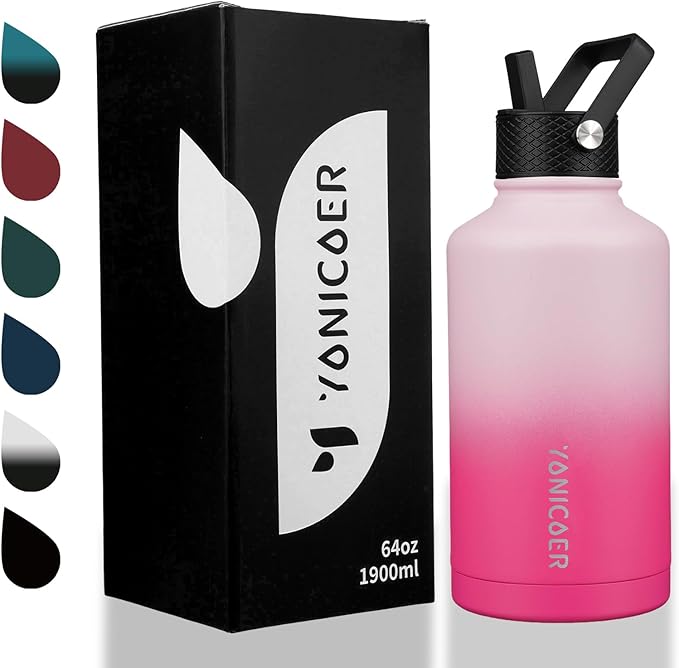 Insulated Water Bottle 64oz,Triple Wall Vacuum Stainless Steel(Dishwasher Safe),Leak Proof & Non-BPA,Flask Jug with Paracord Handle & Straw Spout Lids Sports