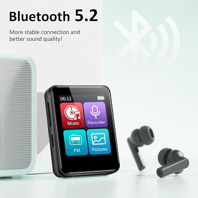 1.8 inch MP3 Player with Bluetooth, 32GB Digital Music Player for Kids, Portable Mini Bluetooth MP3 Player with Speaker Lossless Sound with FM Radio, Voice Recorder, Supports up to 512GB, Black