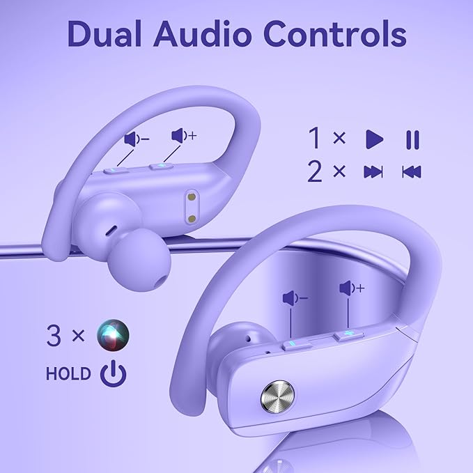 bmani Ear Buds Wireless Earbuds Bluetooth Headphones with 80H Playtime LED Display Case, Over-Ear Hook with Mic, Stereo Sound, Easy Button Controls, Sports Earphones for Running Workout Gym Purple