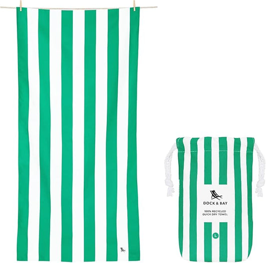 Dock & Bay Beach Towel - Quick Dry, Sand Free - Compact, Lightweight - 100% Recycled - Includes Bag - Cabana - Cancun Green - Large (160x90cm, 63x35)