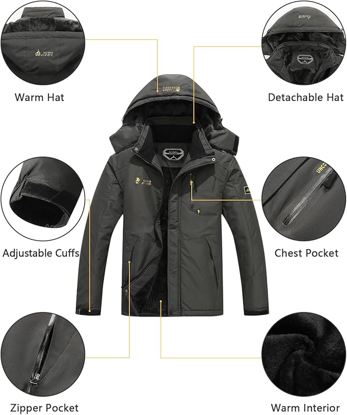 Men's Ski Jacket Warm Winter Snow Coat Waterproof Mountain Windbreaker Snowboarding Jacket Hooded for Hiking Traval