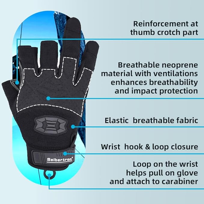 Seibertron Full or Half Finger Padded Palm Lightweight Breathable Climbing Rope Gloves for Climbers, Rock Climbing, Rescue, Adventure, Sailing, Kayaking, Outdoor Sports