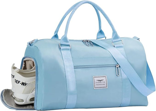 FIORETTO Womens Gym Tote Duffle Bag with Wet Pocket & Shoe Compartment, Sports Duffel Overnight Weekender Hospital Workout Carry on Bag for Girls, Ideal for Travel, Swimming, Dance, Ballet Light Blue