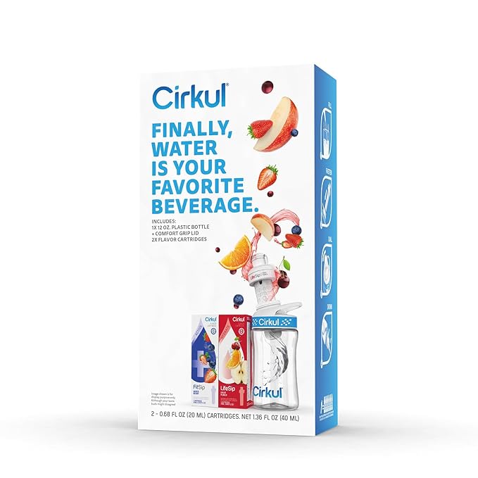 Cirkul 12oz. BPA-Free Plastic Water Bottle Starter Kit for Kids with Blue Lid, 2 Flavor Cartridges (1 LifeSip Fruit Punch, 1 FitSip Mixed Berry), No Sugar, Zero Calorie Drink Mix