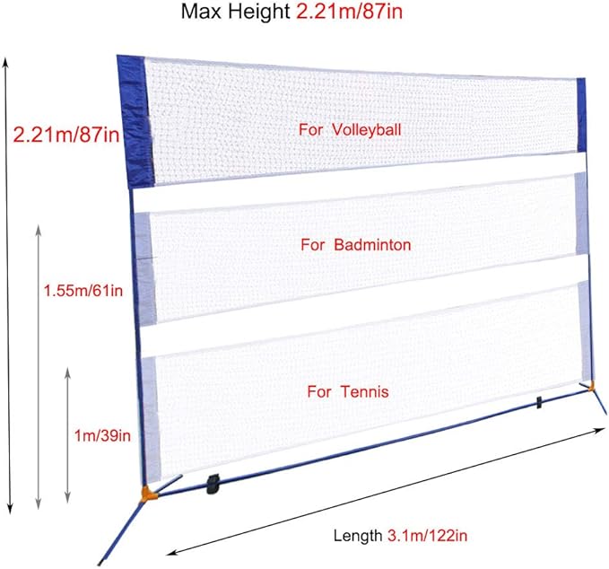 Portable Height Adjustable Badminton Volleyball Tennis Net Set Multi-Purpose Sports Equipment with Poles Stand and Carry Bag for Kids Adult Outdoor Exercise