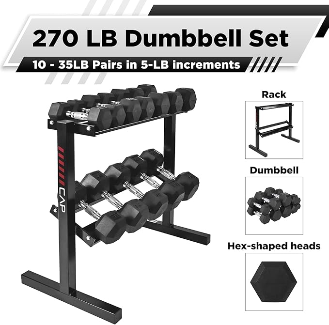 WF Athletic Supply Rubber Coated Hex Dumbbell Set with Two Tier Premium Storage Rack Built for Strength Building, Weight Loss & Home Gym ??Multiple Sets Available