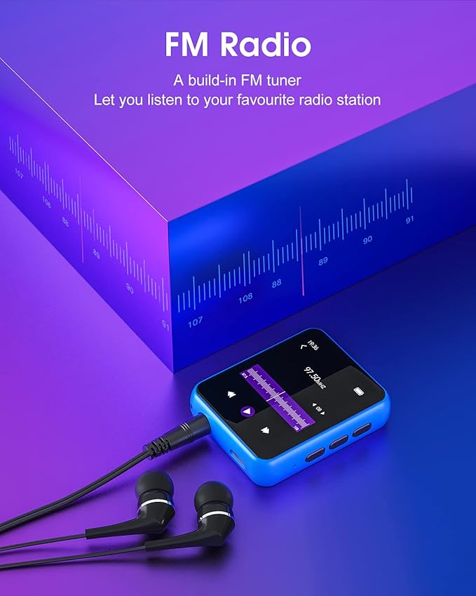 MP3 Player with Bluetooth 5.0 Portable HiFi Lossless Sound MP3 Music Player and FM Radio Recorder E-Book 2.4 inch Screen Maximum Support 128GB（Blue）