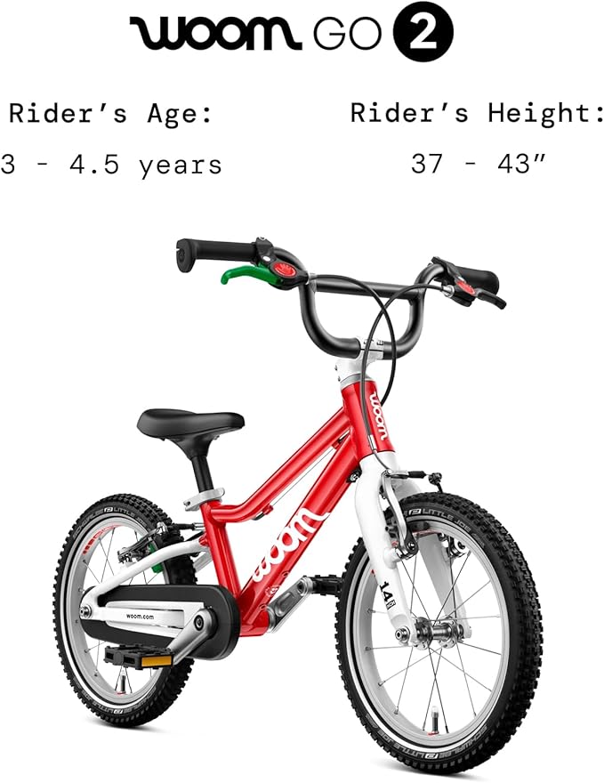 woom GO 2 Bicycle for Children 3 to 4.5 Years Old, 14-Inch Lightweight Bike with Handbrake, Steering Limiter & Chainguard for Boys & Girls - Red
