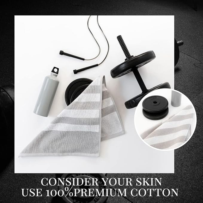 Luzia Striped Workout Towel for Sweat (Pack of 2) - Premium Quality 100% Turkish Cotton - Lightweight and Super Absorbent for Exercise, Sports, Workout, Fitness, Gym, Yoga, Running (Gray)