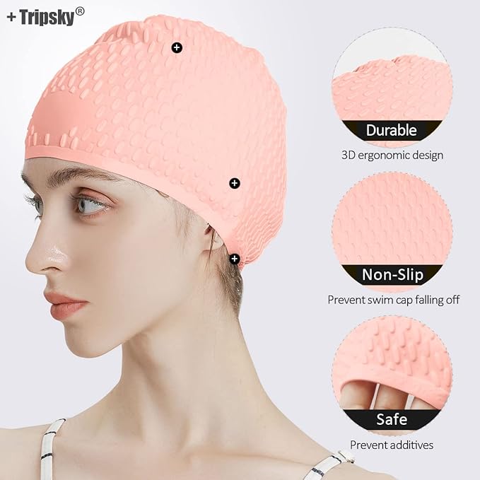 Tripsky Silicone Swim Cap,Comfortable Bathing Cap Ideal for Curly Short Medium Long Hair, Swimming Cap for Women and Men, Shower Caps Keep Hairstyle Unchanged…