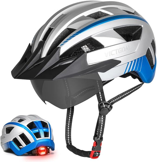 VICTGOAL Bike Helmet for Men Women with Led Light Detachable Magnetic Goggles Removable Sun Visor Mountain & Road Bicycle Helmets Adjustable Size Adult Cycling Helmets