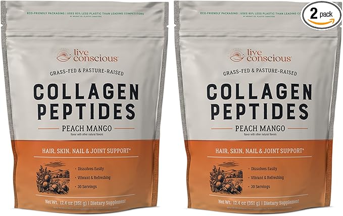 Live Conscious Collagen Peptides Powder - Peach Mango Flavored Collagen Powder - Hair, Skin, Nail, & Joint Support - Type I & III Grass-Fed Collagen Supplements for Women and Men (2-Pack)