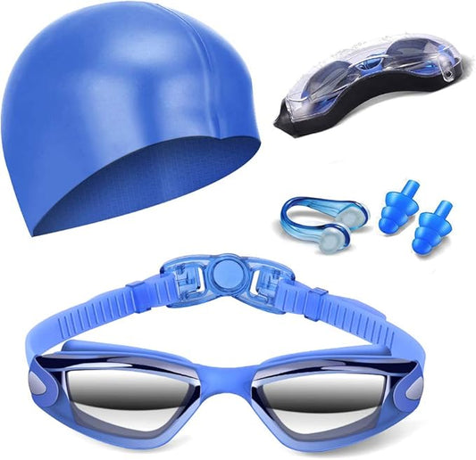 Swim Goggles Swimming Goggles No Leaking with Nose Clip, Earplugs, Swim Cap and Case for Men Women