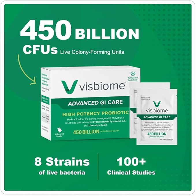 Visbiome® Advanced GI Care - High Potency Probiotic 450 Billion Strength - 30 Packets Unflavored Powder - Original De Simone Formulation - Shipped Cold in Recyclable Cooler with Temperature Monitor.