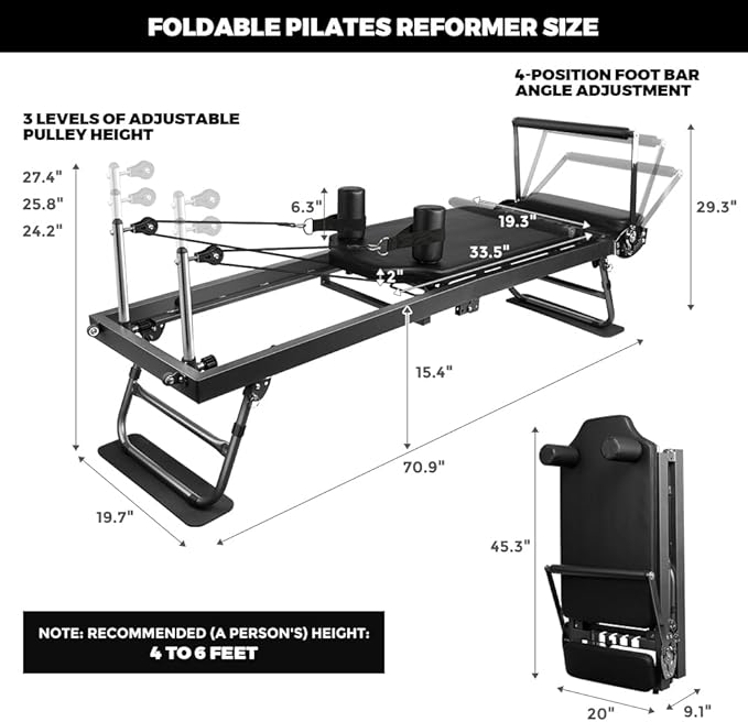 ONETWOFIT Pilates Reformer, Foldable Pilates Machine & Equipment for Home Gym Workout Suitable for Advanced and Beginners Max 440LBS Gray