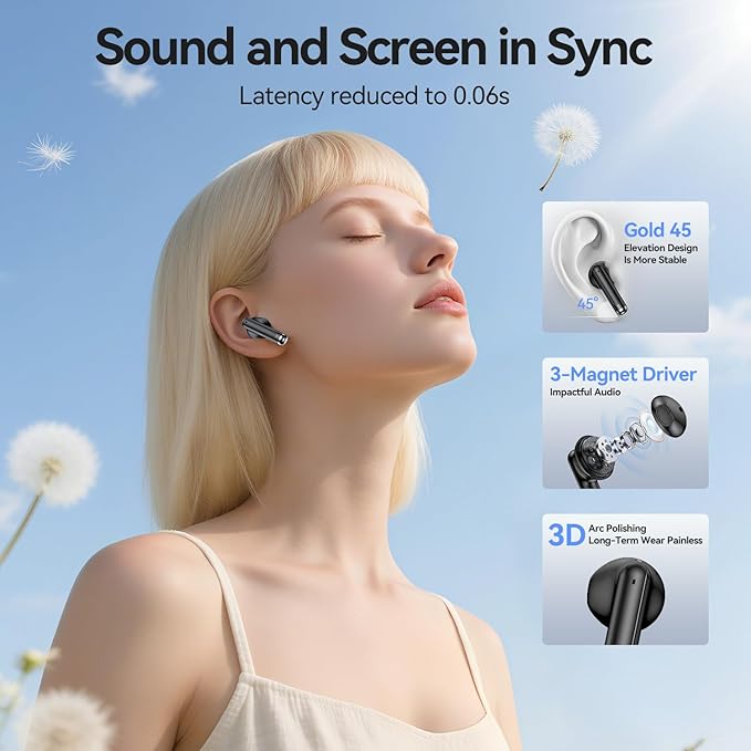 Wireless Earbuds, 2025 Bluetooth 5.3 Headphones HiFi Stereo 50H Playback Ear Buds with Led Digital Display, ENC Noise Cancelling Earbuds for Laptop Computer, iOS, Android, Black