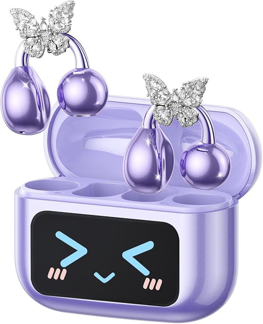 Stylish Open Ear Clip On Earbuds with Removable Butterfly Earring, Clip On Headphones with LCD Touch Screen, Fashionables Open Ear Headphones for Women, Butterfly Earring Purple Earbuds