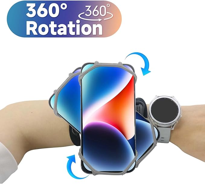 Wristband Phone Holder for Running, 360°Rotation & Detachable Sports Armband with Key Holder for iPhone 16/15/14/13/12/Pro/Pro Max/XS/XR/X/8/7/6/Plus, Fits 4.5-7 Inch Smartphones (Grey)