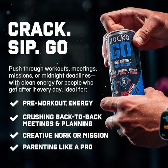 Jocko GO Energy Drink - Keto, Vitamin B12, Vitamin B6, Electrolytes, L Theanine, Magnesium- Energy Boost, Sugar Free Nootropic Monk Fruit Blend - 12 Pack (Nitro Pop)