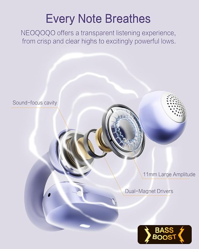 A50 Clip on Earbuds, Bluetooth 6.0 Wireless Open Ear Headphones w/5.3g Weightless Comfort,48H Playtime,3D Soundstage,Clear Call Mics,IPX5,Multipoint Connection,Fit for Workout Running Purple