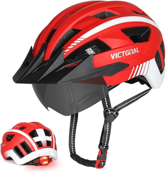 VICTGOAL Bike Helmet for Men Women with Led Light Detachable Magnetic Goggles Removable Sun Visor Mountain & Road Bicycle Helmets Adjustable Size Adult Cycling Helmets
