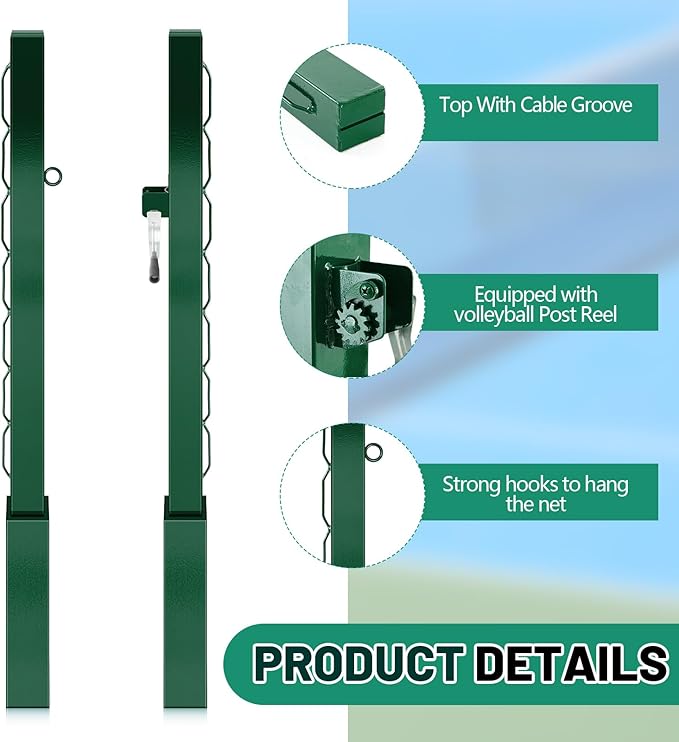 Tennis Posts with Net Crank Outdoor Heavy Duty Professional Green Tennis Permanent Court Kit for Net Quick Fixation System Equipped with a Cable Reel