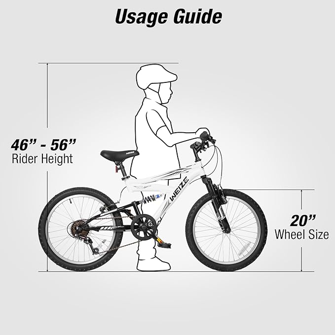 WEIZE Kids Mountain Bike, 20 inch Kids' Bicycles for 6-11 Years Old Boys Girls with Dual Full Suspension, 6 Speeds Drivetrain, High-Carbon Steel Frame, Ideal for Young Riders and Adventurers