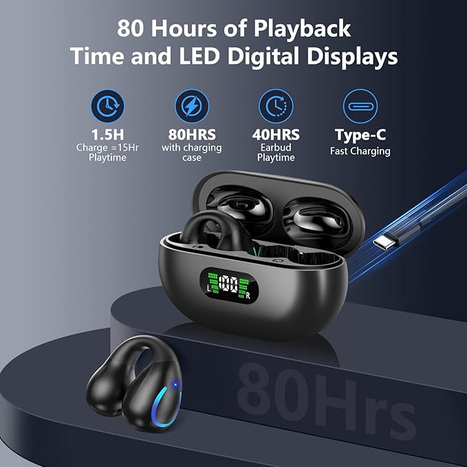 Open Ear Bone Conduction Headphones Bluetooth 5.3 Wireless Clip On Earbuds with Digital Display Charging Case 60 Hours Playtime Sport Earphones Built-in Mic IPX7 Waterproof for Running Fitness Black
